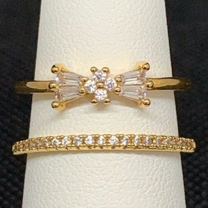 RS Covenant #6132 Sparkling Bow Cubic Zirconia Gold Plated Double Ring Size 7